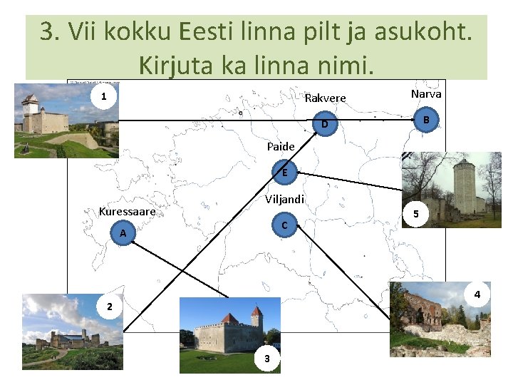 3. Vii kokku Eesti linna pilt ja asukoht. Kirjuta ka linna nimi. 1 Rakvere