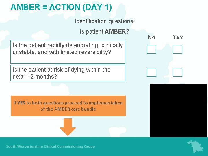 AMBER = ACTION (DAY 1) Identification questions: is patient AMBER? Is the patient rapidly