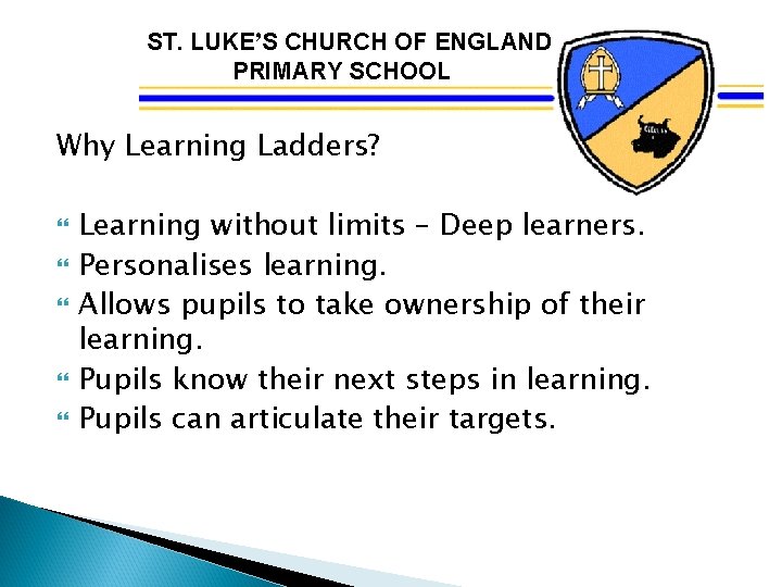 ST. LUKE’S CHURCH OF ENGLAND PRIMARY SCHOOL Why Learning Ladders? Learning without limits –