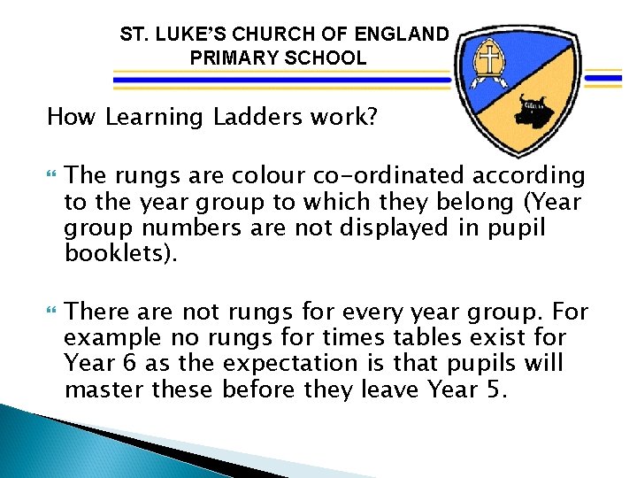 ST. LUKE’S CHURCH OF ENGLAND PRIMARY SCHOOL How Learning Ladders work? The rungs are