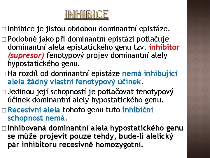 INHIBICE � Inhibice je jistou obdobou dominantní epistáze. � Podobně jako při dominantní epistázi