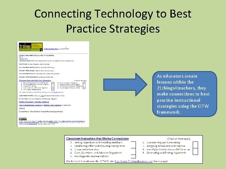 Connecting Technology to Best Practice Strategies As educators create lessons within the 21 things