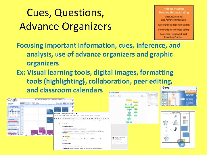 Cues, Questions, Advance Organizers Focusing important information, cues, inference, and analysis, use of advance