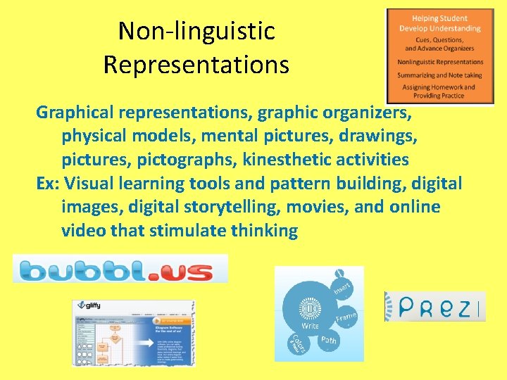 Non-linguistic Representations Graphical representations, graphic organizers, physical models, mental pictures, drawings, pictures, pictographs, kinesthetic