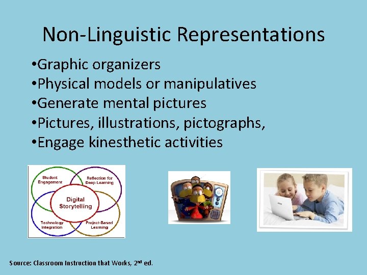 Non-Linguistic Representations • Graphic organizers • Physical models or manipulatives • Generate mental pictures