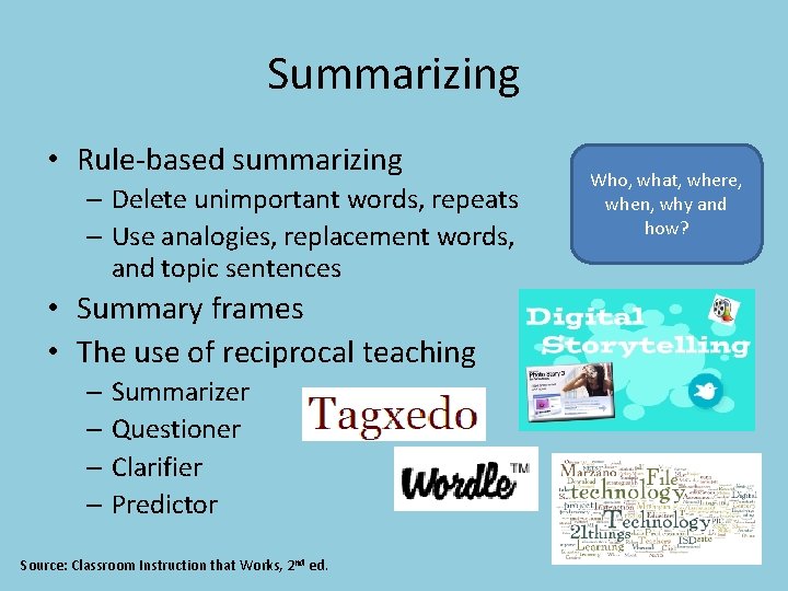 Summarizing • Rule-based summarizing – Delete unimportant words, repeats – Use analogies, replacement words,