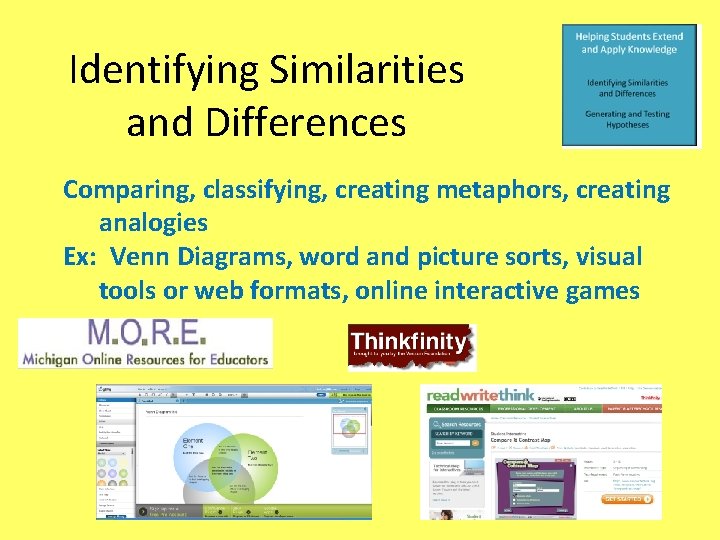 Identifying Similarities and Differences Comparing, classifying, creating metaphors, creating analogies Ex: Venn Diagrams, word
