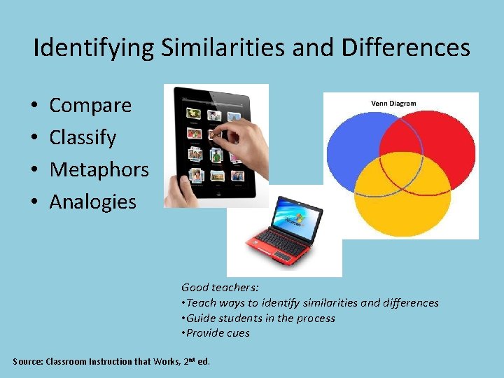 Identifying Similarities and Differences • • Compare Classify Metaphors Analogies Good teachers: • Teach