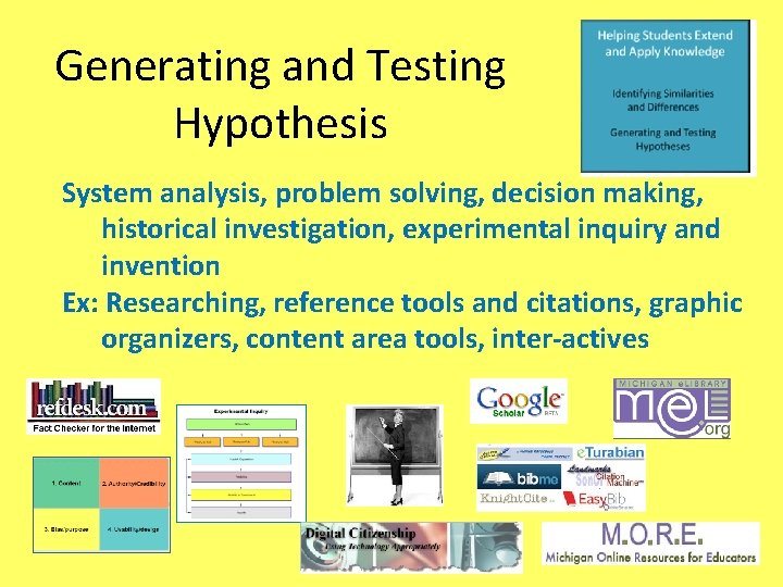 Generating and Testing Hypothesis System analysis, problem solving, decision making, historical investigation, experimental inquiry