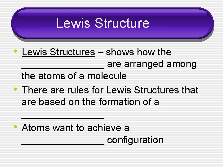 Lewis Structure • Lewis Structures – shows how the • • ________ are arranged