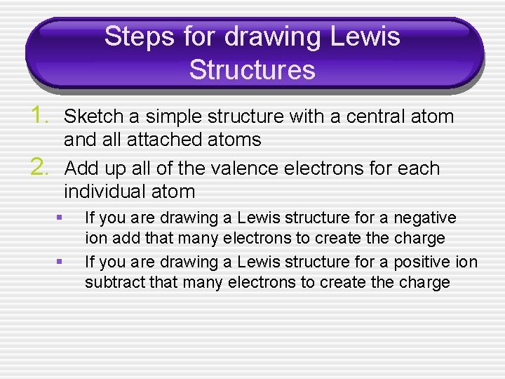 Steps for drawing Lewis Structures 1. Sketch a simple structure with a central atom