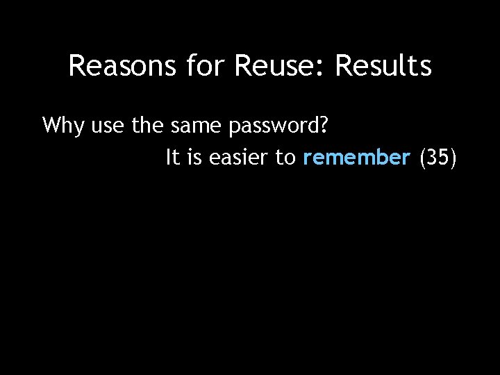 Reasons for Reuse: Results Why use the same password? It is easier to remember