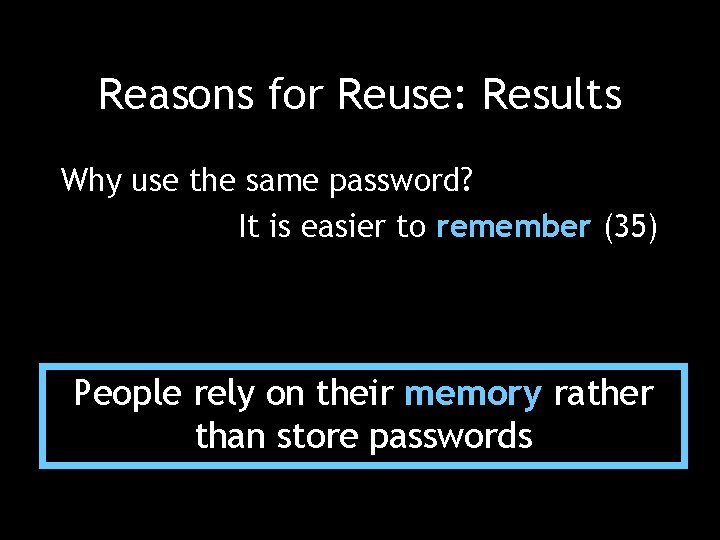 Reasons for Reuse: Results Why use the same password? It is easier to remember