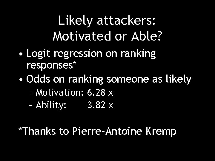 Likely attackers: Motivated or Able? • Logit regression on ranking responses* • Odds on