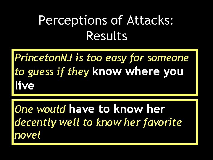 Perceptions of Attacks: Results Princeton. NJ is too easy for someone to guess if