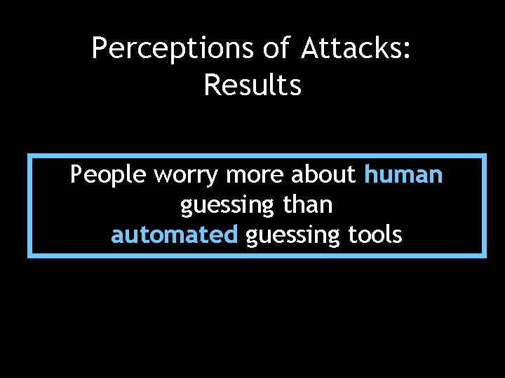 Perceptions of Attacks: Results People worry more about human guessing than automated guessing tools