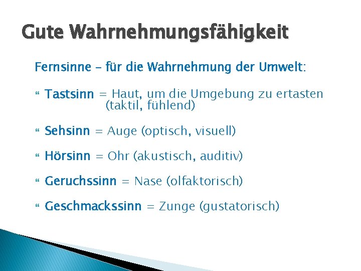 Gute Wahrnehmungsfähigkeit Fernsinne – für die Wahrnehmung der Umwelt: Tastsinn = Haut, um die