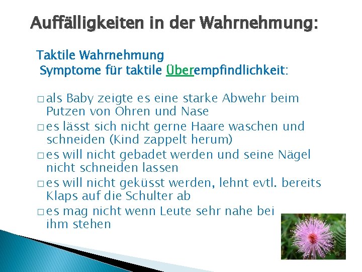 Auffälligkeiten in der Wahrnehmung: Taktile Wahrnehmung Symptome für taktile Überempfindlichkeit: � als Baby zeigte