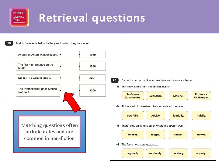 Retrieval questions Matching questions often include dates and are common in non-fiction 