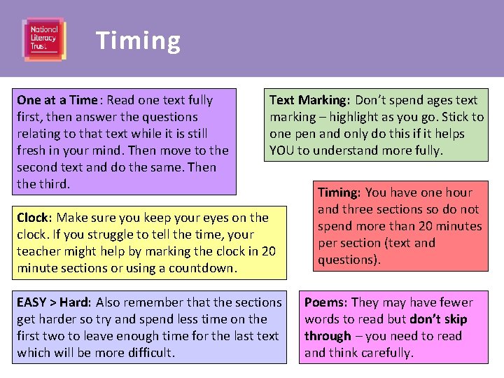 Timing One at a Time: Read one text fully first, then answer the questions