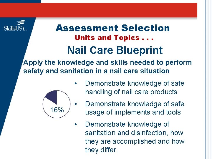 Assessment Selection Units and Topics. . . Nail Care Blueprint Apply the knowledge and