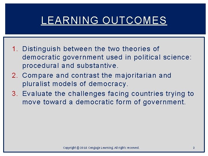 LEARNING OUTCOMES 1. Distinguish between the two theories of democratic government used in political LEARNING OUTCOMES 1. Distinguish between the two theories of democratic government used in political
