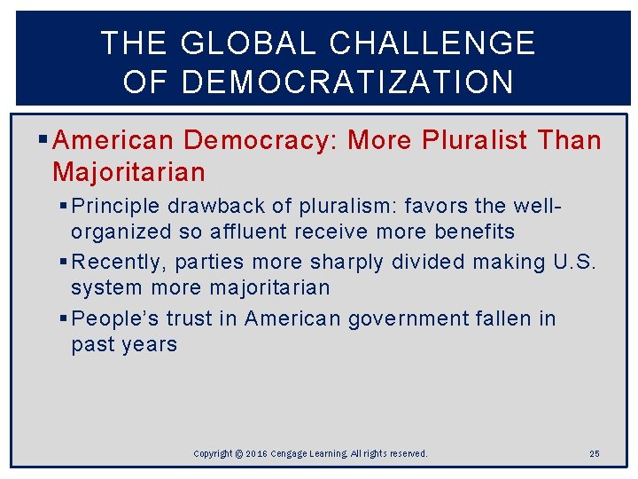 THE GLOBAL CHALLENGE OF DEMOCRATIZATION § American Democracy: More Pluralist Than Majoritarian § Principle THE GLOBAL CHALLENGE OF DEMOCRATIZATION § American Democracy: More Pluralist Than Majoritarian § Principle