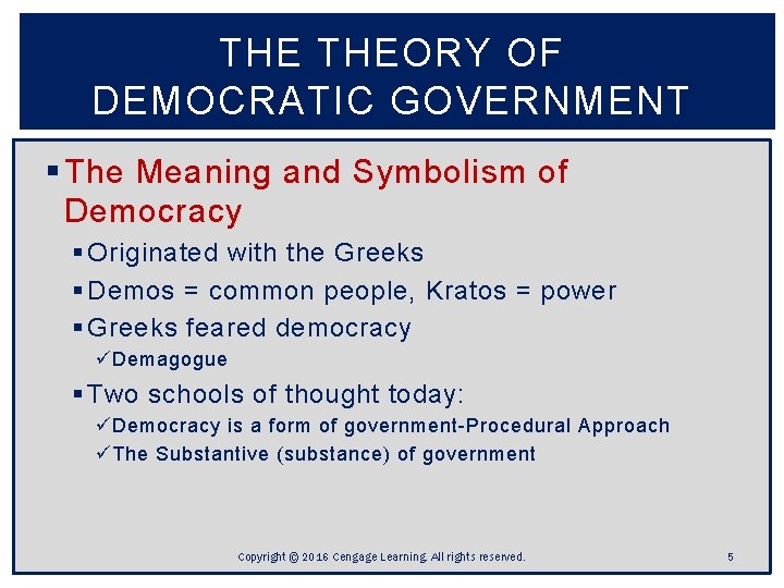 THE THEORY OF DEMOCRATIC GOVERNMENT § The Meaning and Symbolism of Democracy § Originated THE THEORY OF DEMOCRATIC GOVERNMENT § The Meaning and Symbolism of Democracy § Originated