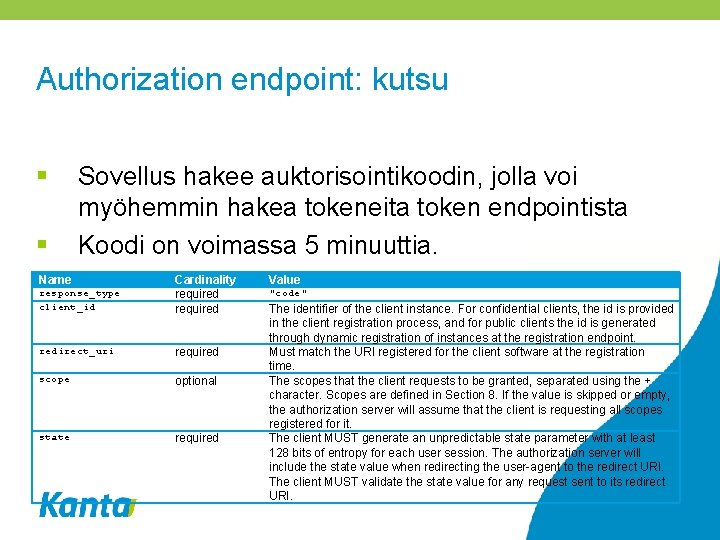 Authorization endpoint: kutsu § § Sovellus hakee auktorisointikoodin, jolla voi myöhemmin hakea tokeneita token