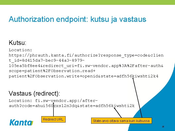 Authorization endpoint: kutsu ja vastaus Kutsu: Location: https: //phrauth. kanta. fi/authorize? response_type=code&clien t_id=8 d