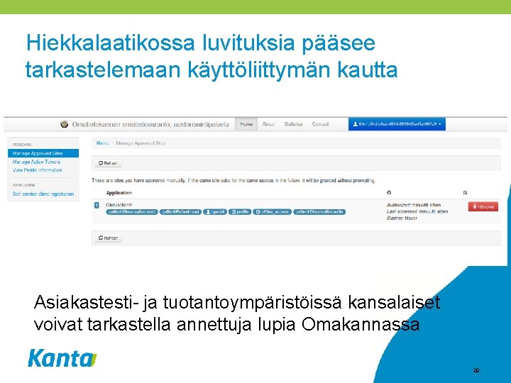 Hiekkalaatikossa luvituksia pääsee tarkastelemaan käyttöliittymän kautta Asiakastesti- ja tuotantoympäristöissä kansalaiset voivat tarkastella annettuja lupia