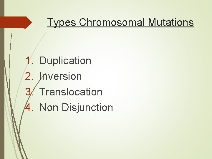 Types Chromosomal Mutations 1. 2. 3. 4. Duplication Inversion Translocation Non Disjunction 