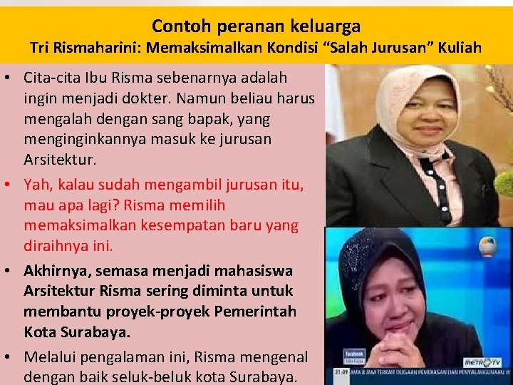 Contoh peranan keluarga Tri Rismaharini: Memaksimalkan Kondisi “Salah Jurusan” Kuliah • Cita-cita Ibu Risma