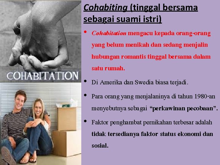 Cohabiting (tinggal bersama sebagai suami istri) • Cohabitation mengacu kepada orang-orang yang belum menikah