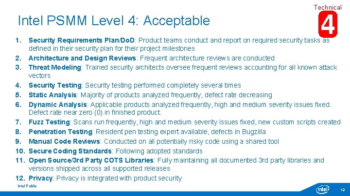Technical Intel PSMM Level 4: Acceptable 1. Security Requirements Plan/Do. D: Product teams conduct Technical Intel PSMM Level 4: Acceptable 1. Security Requirements Plan/Do. D: Product teams conduct