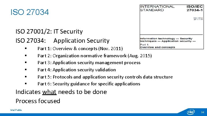 ISO 27034 ISO 27001/2: IT Security ISO 27034: Application Security § § § Part ISO 27034 ISO 27001/2: IT Security ISO 27034: Application Security § § § Part