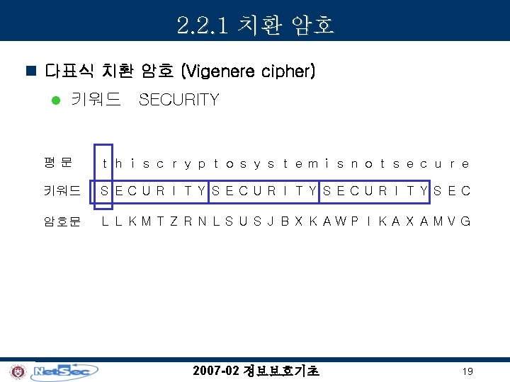 2. 2. 1 치환 암호 n 다표식 치환 암호 (Vigenere cipher) l 키워드 SECURITY