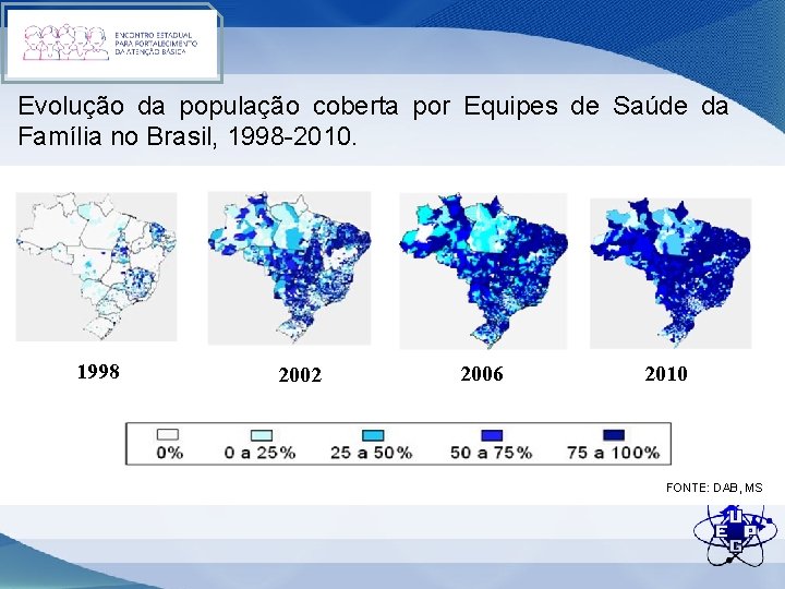 Evolução da população coberta por Equipes de Saúde da Família no Brasil, 1998 -2010.