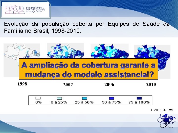 Evolução da população coberta por Equipes de Saúde da Família no Brasil, 1998 -2010.