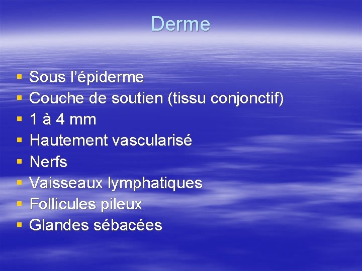 Derme § § § § Sous l’épiderme Couche de soutien (tissu conjonctif) 1 à
