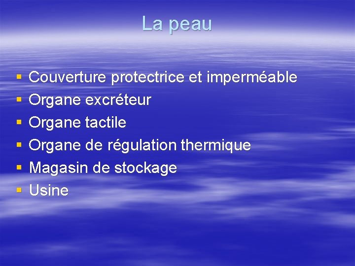 La peau § § § Couverture protectrice et imperméable Organe excréteur Organe tactile Organe