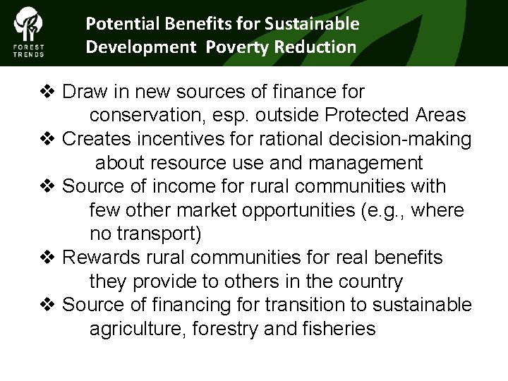 Potential Benefits for Sustainable Development Poverty Reduction v Draw in new sources of finance