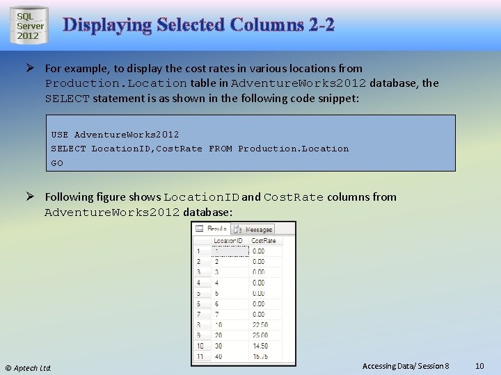 SQL Server 2012 Displaying Selected Columns 2 -2 Ø For example, to display the