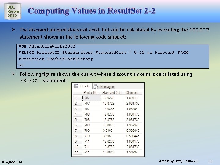 SQL Server 2012 Computing Values in Result. Set 2 -2 Ø The discount amount