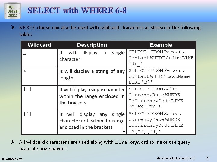SQL Server 2012 SELECT with WHERE 6 -8 Ø WHERE clause can also be