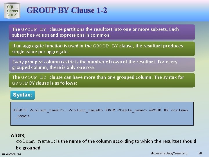 SQL Server 2012 GROUP BY Clause 1 -2 The GROUP BY clause partitions the