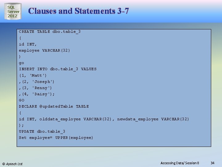 SQL Server 2012 Clauses and Statements 3 -7 CREATE TABLE dbo. table_3 ( id