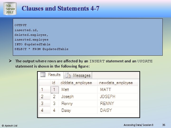SQL Server 2012 Clauses and Statements 4 -7 OUTPUT inserted. id, deleted. employee, inserted.