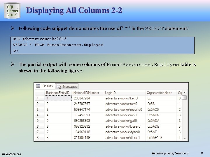 SQL Server 2012 Displaying All Columns 2 -2 Ø Following code snippet demonstrates the