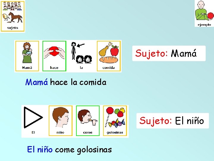 Sujeto: Mamá hace la comida Sujeto: El niño come golosinas 